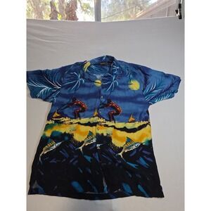 thumbs up hawaiian shirt With Surfers And Bule Marlins Size L
